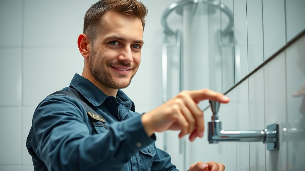 Professional plumber upgrading bathroom fixtures with sustainable plumbing techniques, eco-friendly tap installation