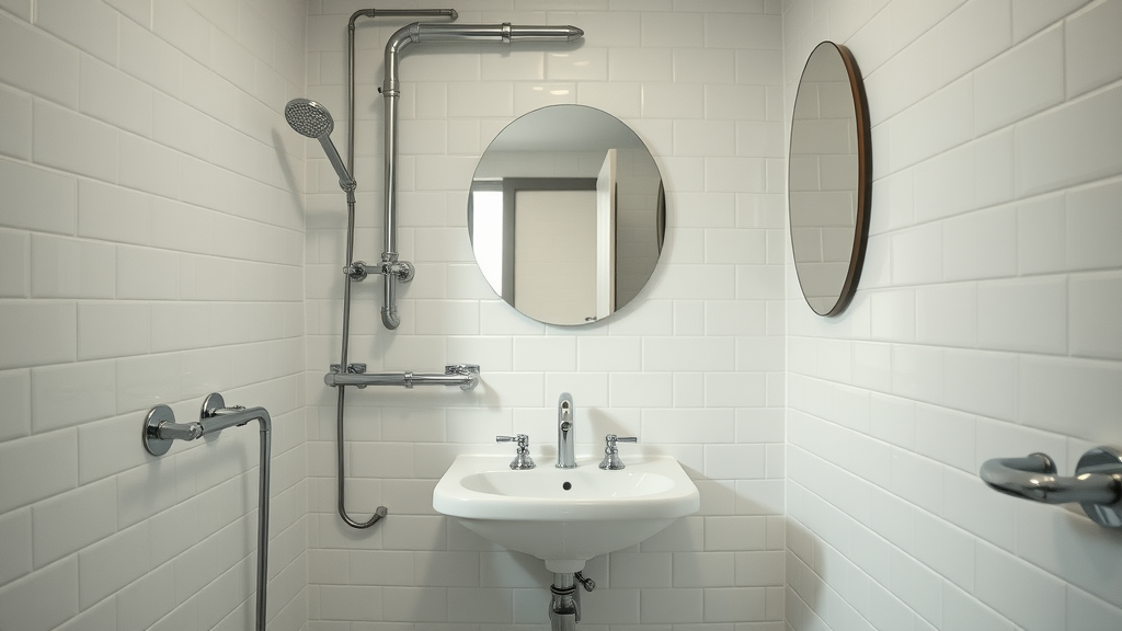 Modern Chesterfield bathroom with gleaming fixtures and pipes