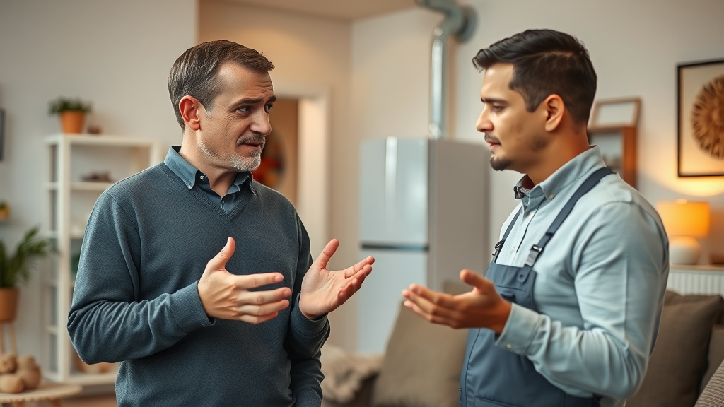 boiler installation repairs and service modern home technician with homeowner, explaining heating system issue in warm living room