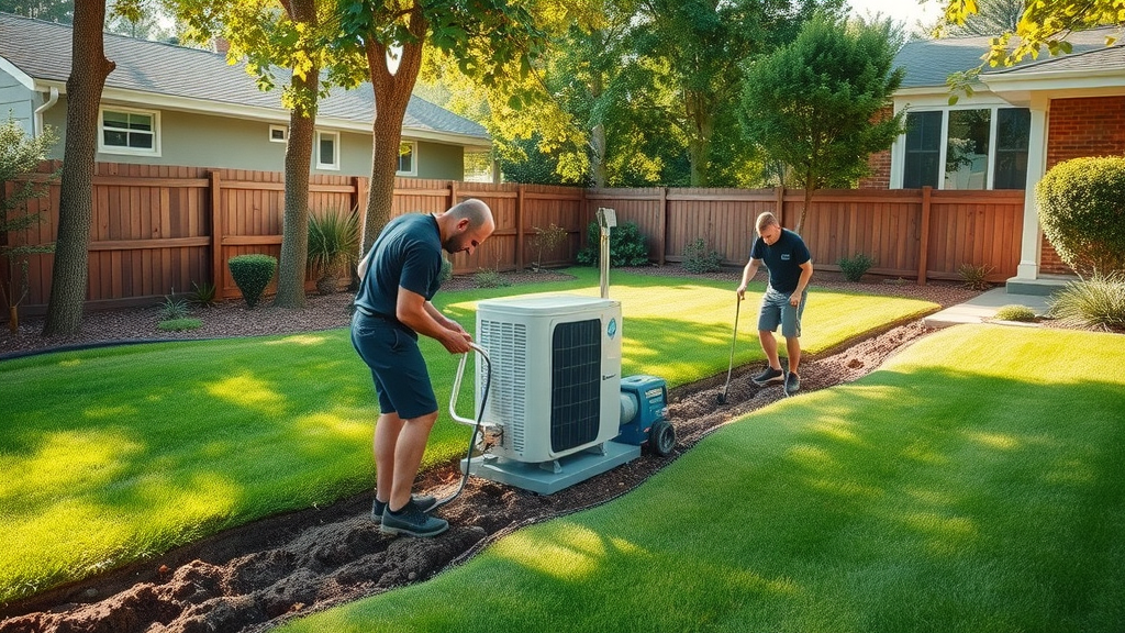 geothermal heat pump installation in suburban yard - green heating systems
