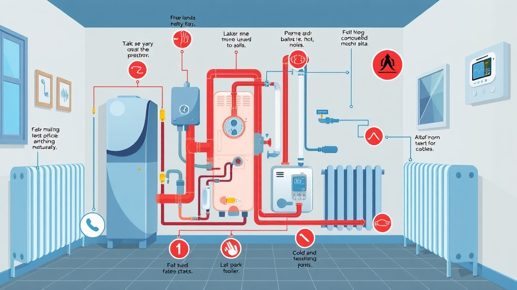 Diagram of a central heating system with common problems highlighted: pressure issues, cold spots, leaks.