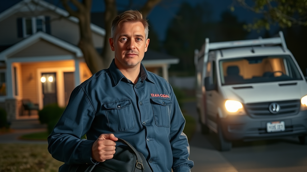 Nighttime emergency drain cleaning chesterfield, technician arriving for emergency plumbing services, suburban home, van lights on, high fidelity