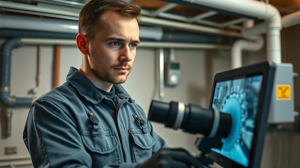 professional technician using sewer inspection camera, sewer line services Chesterfield