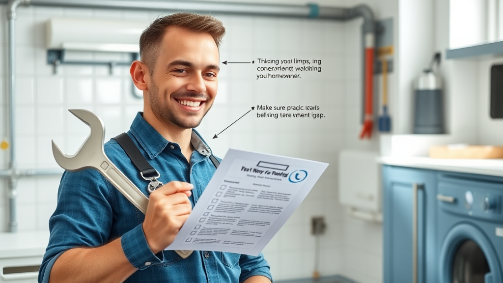 plumbing trade best practices infographic, professional plumber with wrench and checklist, engaging with homeowner in modern kitchen