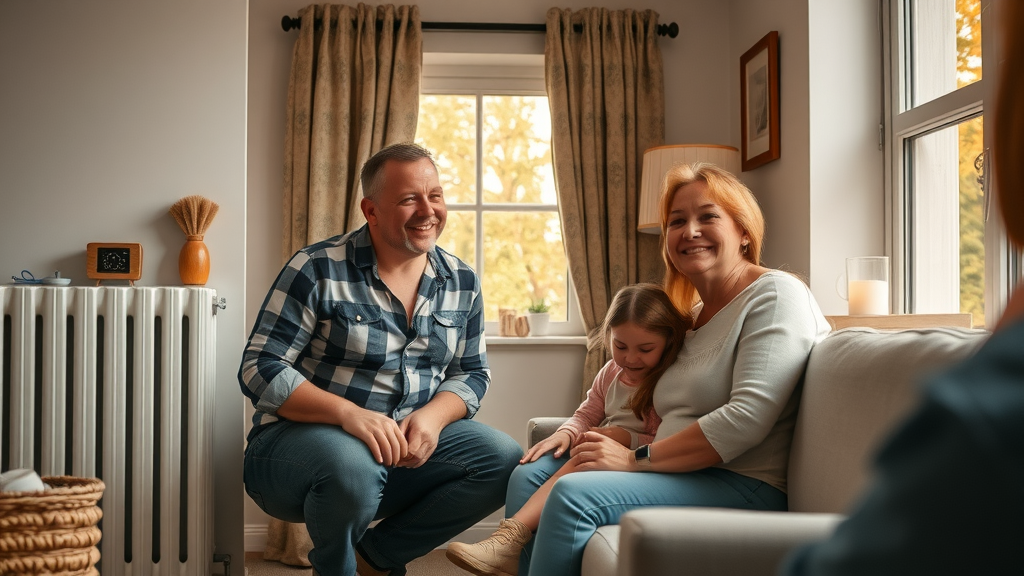 Chesterfield family warm by modern radiator after repair, heating services in chesterfield