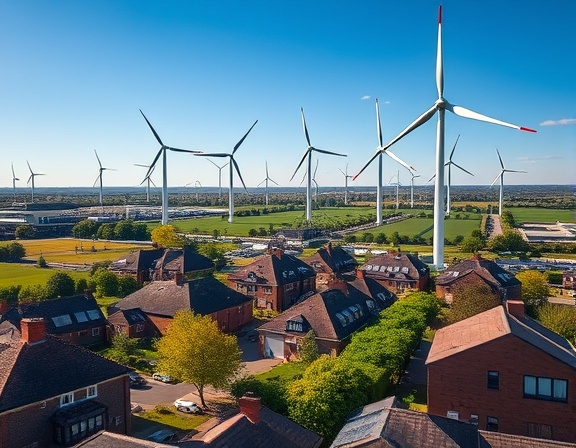 renewable systems in Chesterfield, forward-thinking, integrating wind and solar technologies, photorealistic, cityscape of Chesterfield with modern renewable installations, highly detailed, motion blur of rotating turbines, rich colors, midday sun, shot with a Sony FE 24-105mm f/4 G OSS lens.