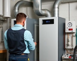 careful engineer, meticulous, calibrating a new heating boiler, photorealistic, in a clean and well-organized utility room, highly detailed, small tools scattered, high resolution, neutral tones, soft lighting, shot with a 35mm lens