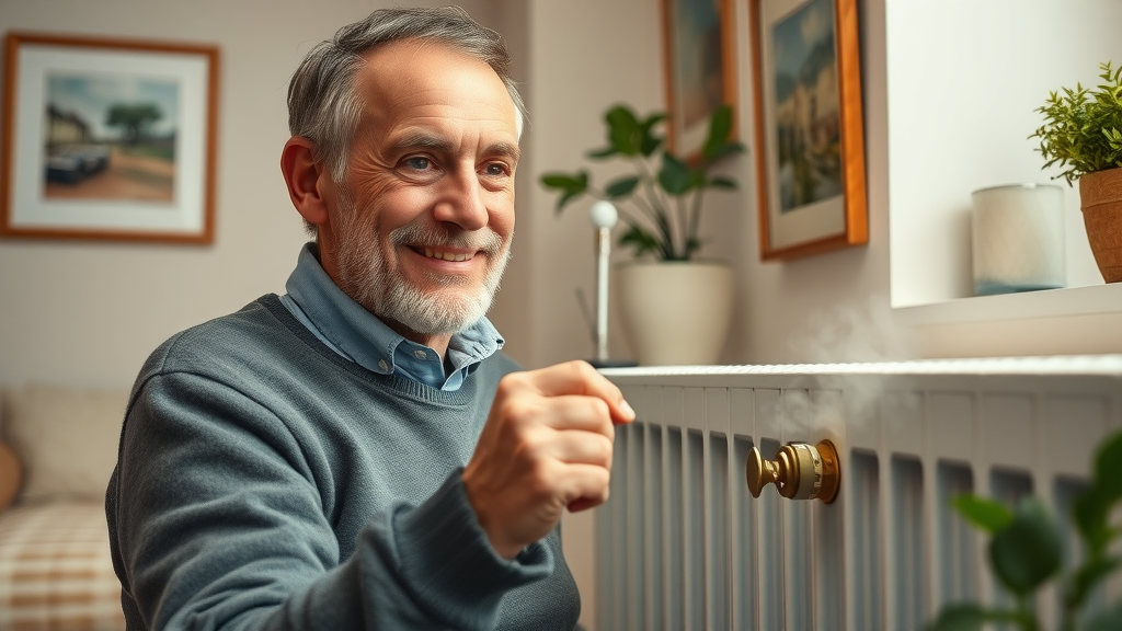 Homeowner maintaining radiator installation chesterfield by bleeding modern radiator, cozy domestic setting