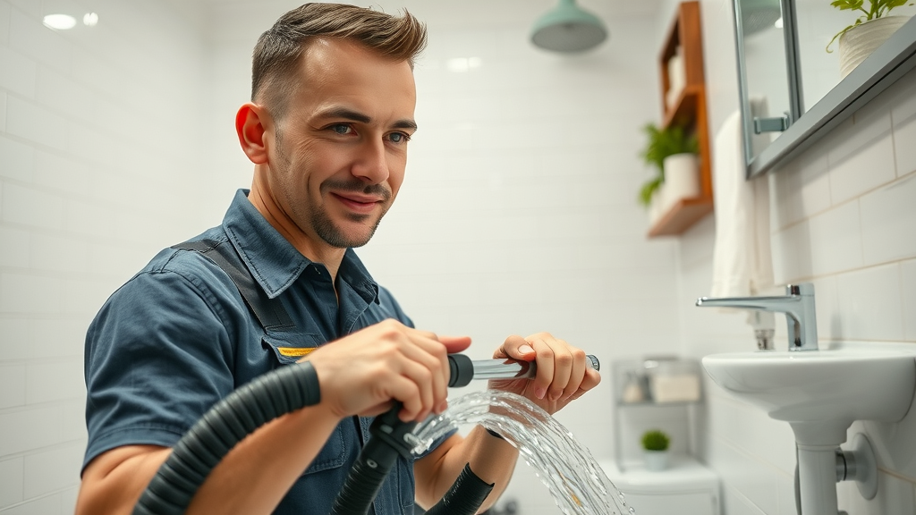 Expert Chesterfield plumbing company service technician performing advanced drain cleaning in Missouri home bathroom