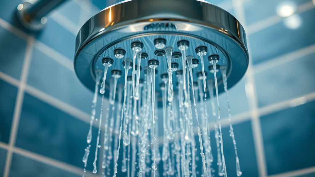 Close-up of a modern low-flow showerhead in use, water conservation in eco-friendly plumbing