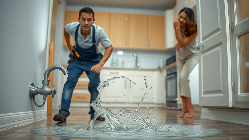 urgent residential plumbing emergency, plumber rushing to shut off water valve, water flooding modern kitchen, 24/7 plumbing services chesterfield