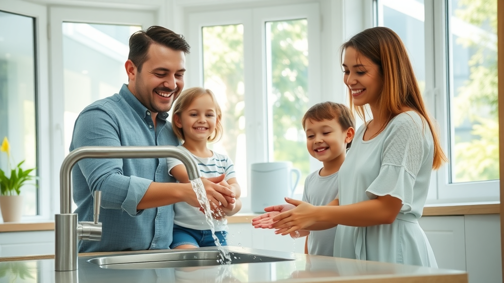Happy family in a modern eco-friendly kitchen using a water-saving faucet and efficient dishwasher as part of their sustainable water system