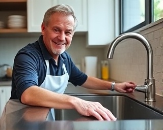 cleaning Chesterfield, pleased expression, wiping down sink, photorealistic, in a modern kitchen with stainless steel fixtures, highly detailed, water droplets and reflections, wide-angle, polished metal, bright daylight, shot with a 24mm lens