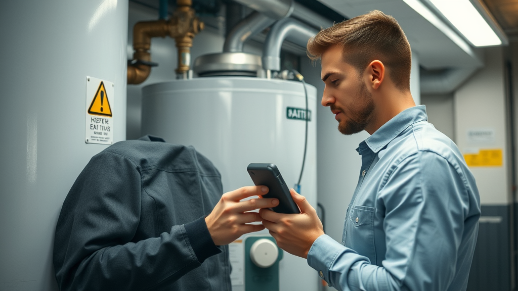 Modern commercial water heater in a busy business setting, confident technician inspecting it in Chesterfield