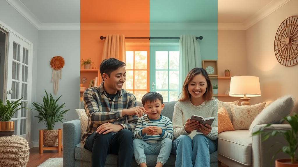 Family applying environmentally friendly heating tips for winter, spring, summer, and autumn in cozy home