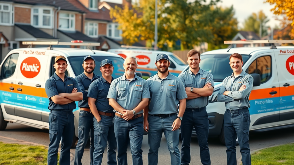 confident team of plumbers same day plumber chesterfield standing beside branded service vans