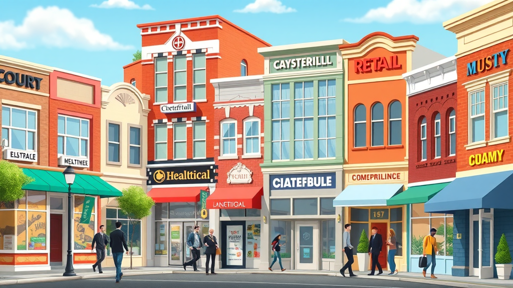 Diverse Chesterfield businesses—retail, healthcare, offices—with vibrant streets and commercial plumbing needs