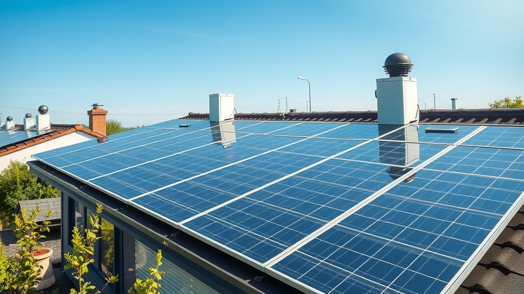 Solar energy panels integrated with heat pump system for renewable energy heating products on a modern home