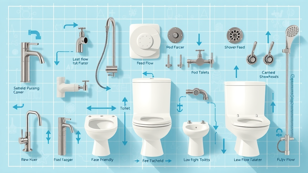 modern labeled faucets, low-flow toilets, and eco-friendly showerheads on blueprint-style background showing water-saving plumbing fixtures