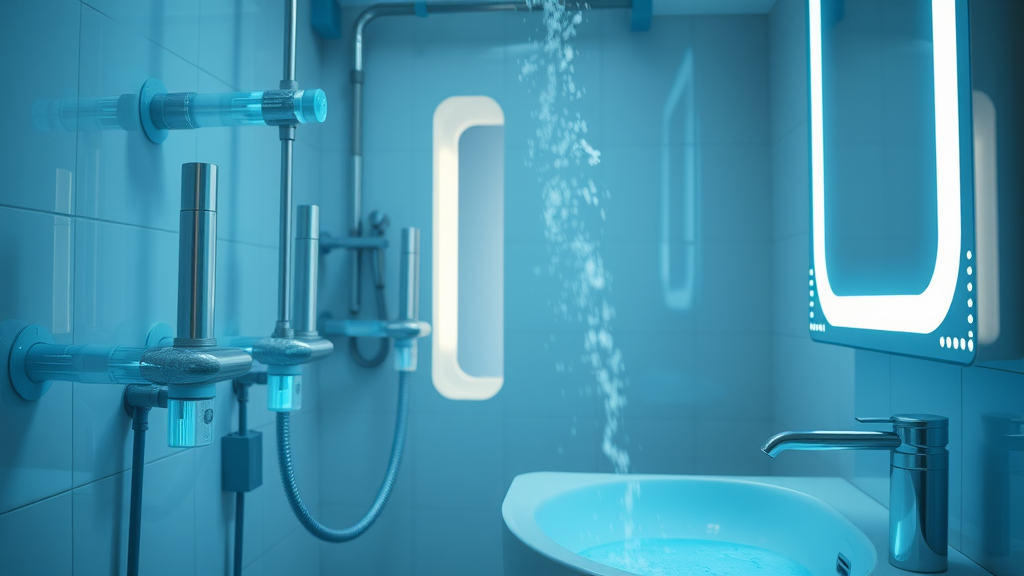Futuristic bathroom with smart IoT water sensors and sustainable plumbing technology