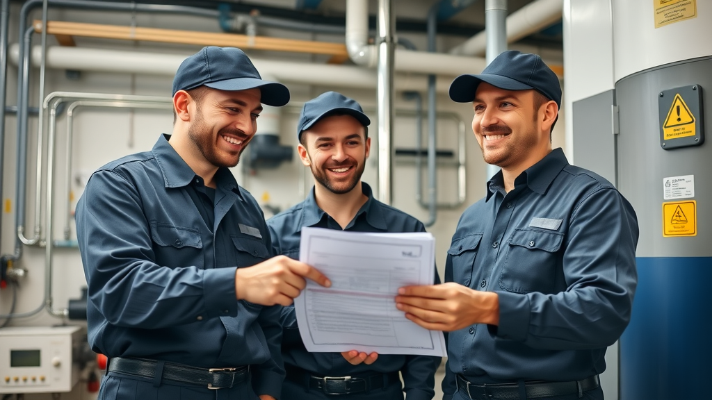 team of uniformed Chesterfield plumbers during a commercial plumbing inspection with checklist