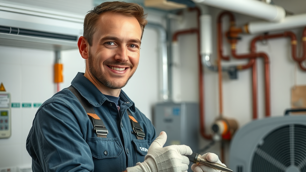 Chesterfield technician servicing HVAC and plumbing system in Missouri utility room