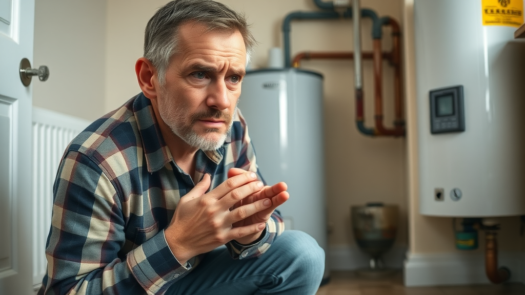 worried Chesterfield homeowner examining leaking water heater in utility room, water heater emergency repair Chesterfield