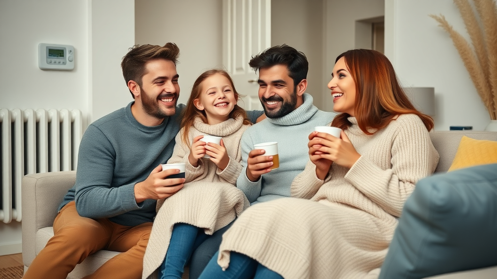 Family enjoying warmth together with energy-efficient heating systems in a modern home living room