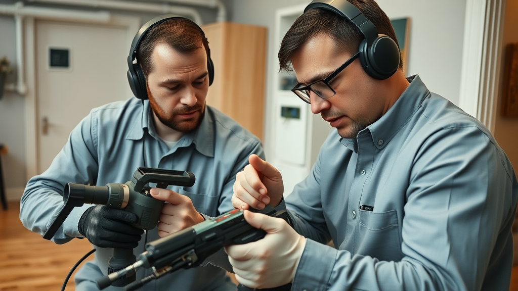 professional leak detection chesterfield specialists using advanced leak detection equipment acoustic sensors in Chesterfield home, wood floors, visible pipes, focused technician, photorealistic