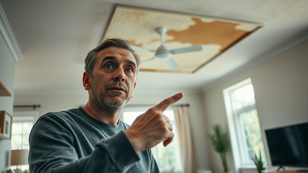 water leak detection chesterfield damp spots living room ceiling, worried homeowner with concerned expression, visible water stains, cinematic detailed, natural daylight