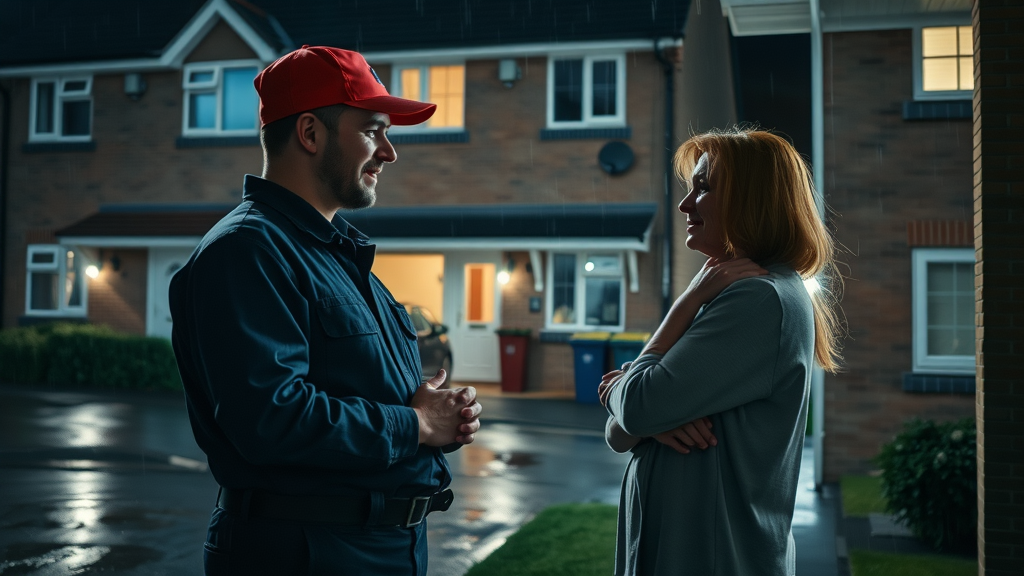 nighttime emergency plumber visit, emergency plumbing services chesterfield area, homeowner and plumber on porch