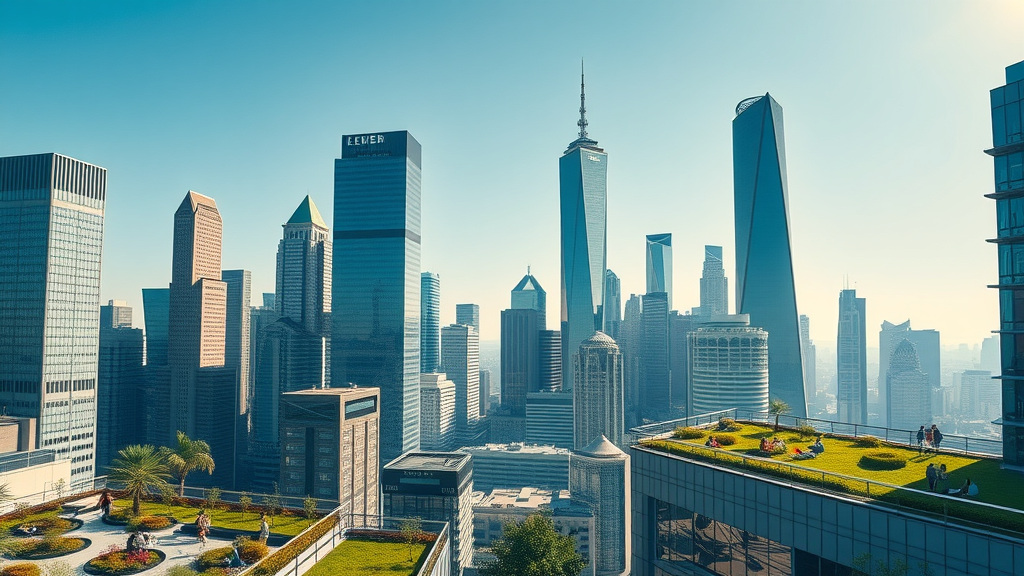 Future skyline of eco-friendly city with LEED-certified green buildings and visible smart HVAC systems, sustainable HVAC innovations