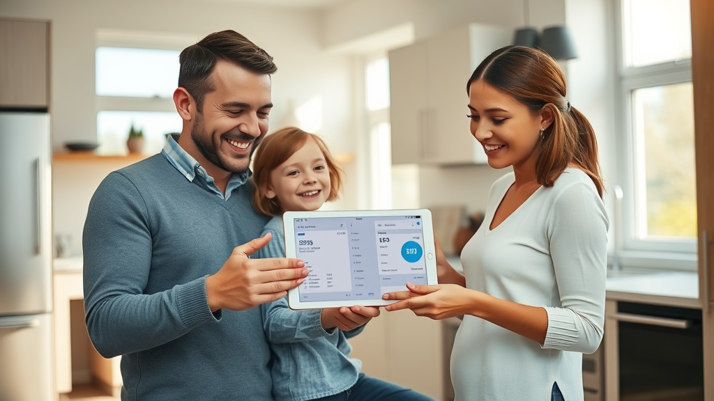 Family in modern kitchen celebrating lower water and energy bills thanks to efficient plumbing