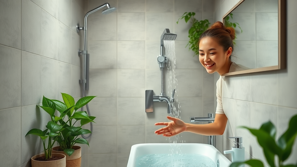 innovative eco-friendly bathroom with low-flow showerhead, motion sensor faucet, water conservation, sustainable plumbing fixtures