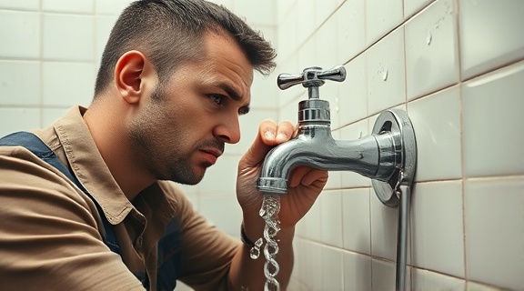 frustrated plumber, exasperated, tightening a leaking faucet, photorealistic, in a small bathroom with tiles, highly detailed, water splashes, ultra HD, neutral tones, fluorescent lighting, shot with a macro lens