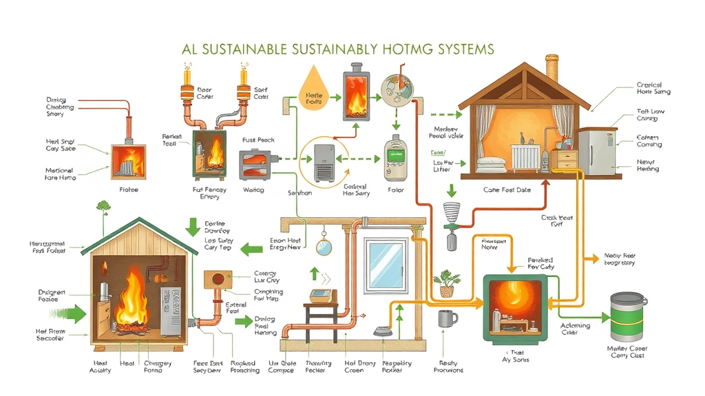 diverse types of sustainable home heating systems, green heating solutions, technical cutaway illustration