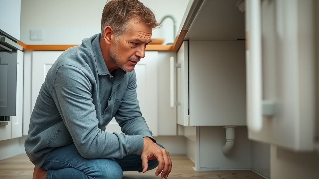 concerned homeowner examining water damage in a modern kitchen, plumbing leak detection technology visible, detailed pipes under sink, minor water pooling