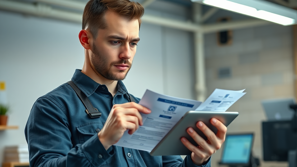 Professional emergency plumber Chesterfield checking certifications in a high-tech plumbing company office, digital tablet in hand