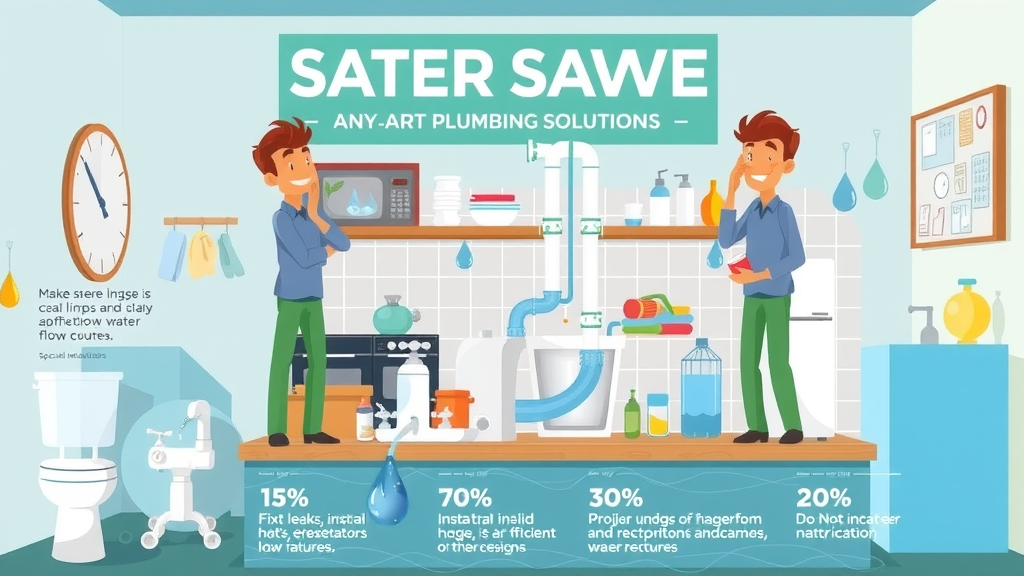 Infographic showing water-saving plumbing solutions for home water conservation in plumbing