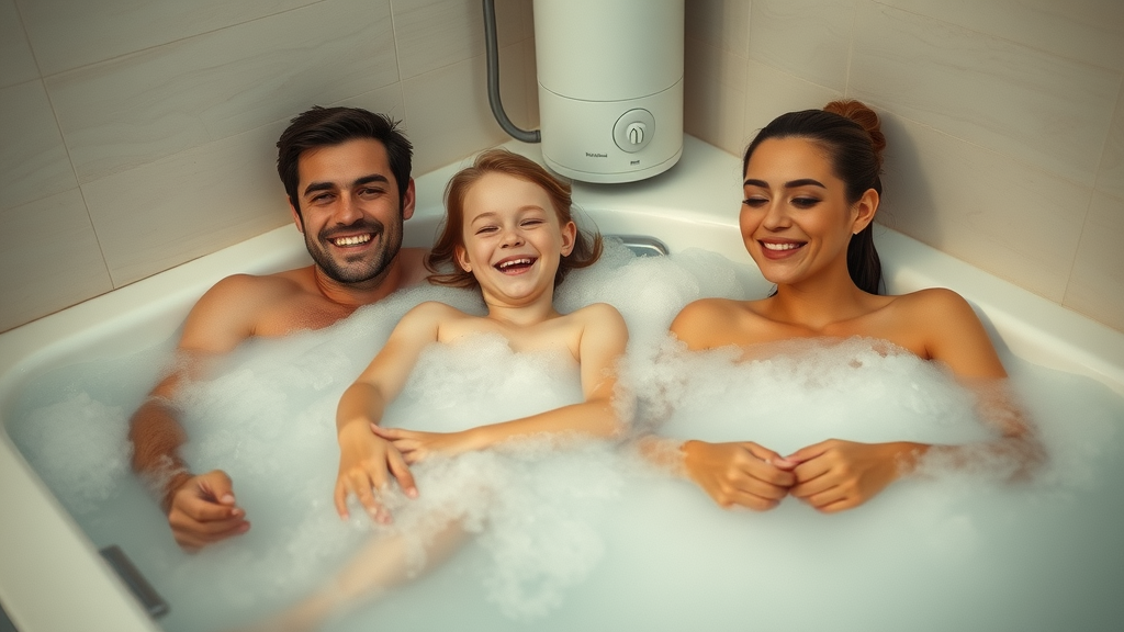 Family enjoying hot water in modern bathroom - water heater repair, comforted and happy, visible water heater, steam, warm tones, photorealistic.