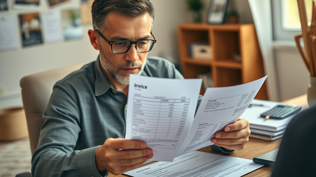 Chesterfield homeowner examining an orderly plumbing invoice and brochures