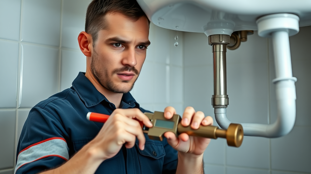 Emergency plumber Chesterfield fixing leaking pipe with wrench in kitchen, water droplets visible, high detail plumbing repair