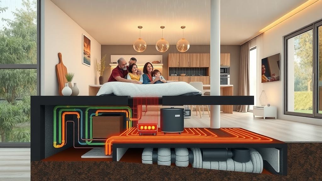 Modern home with advanced plumbing and heating services, family enjoying warmth