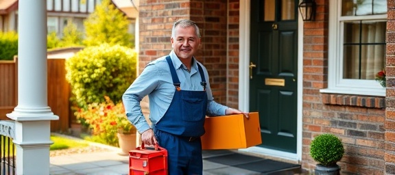 experienced plumber Chesterfield, ready, holding a toolbox and entering a house, photorealistic, front porch with a garden view, highly detailed, dynamic posture, realistic colors, morning sunlight, shot with a 28mm lens