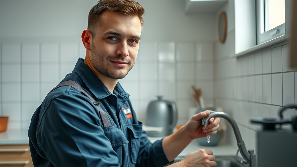 skilled plumber working on household pipe repair under kitchen sink, drain cleaning service Chesterfield