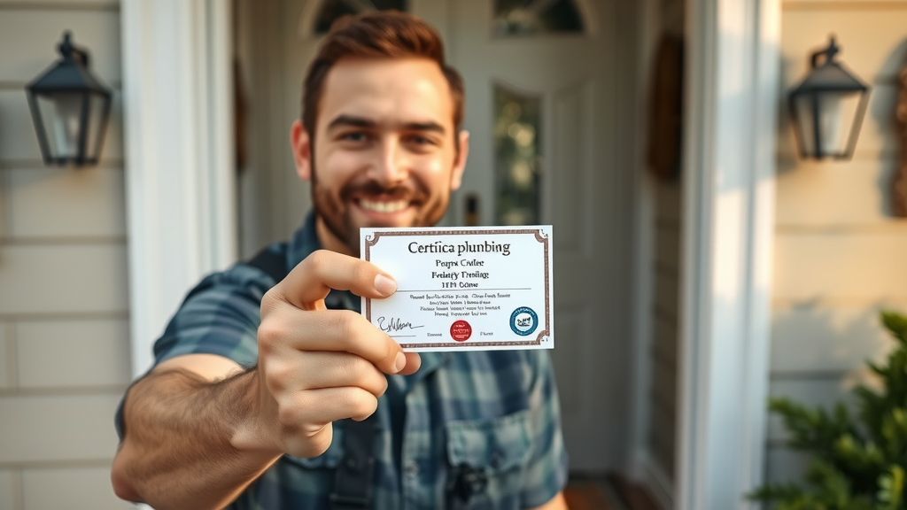 Friendly plumber showing certification card for plumber qualifications