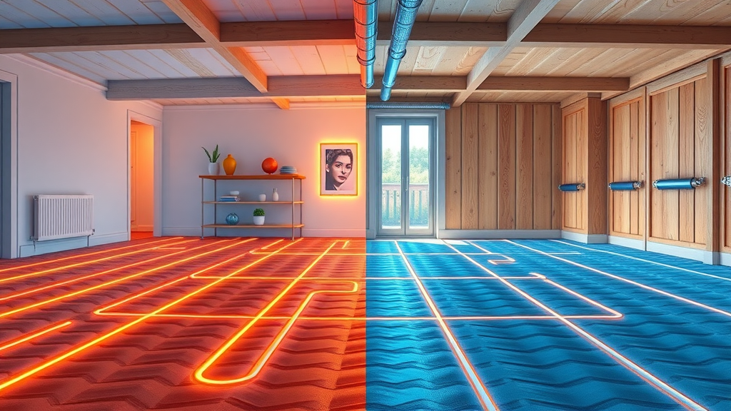 Electric underfloor heating Chesterfield vs water underfloor heating Chesterfield under split flooring in side-by-side cutaway views