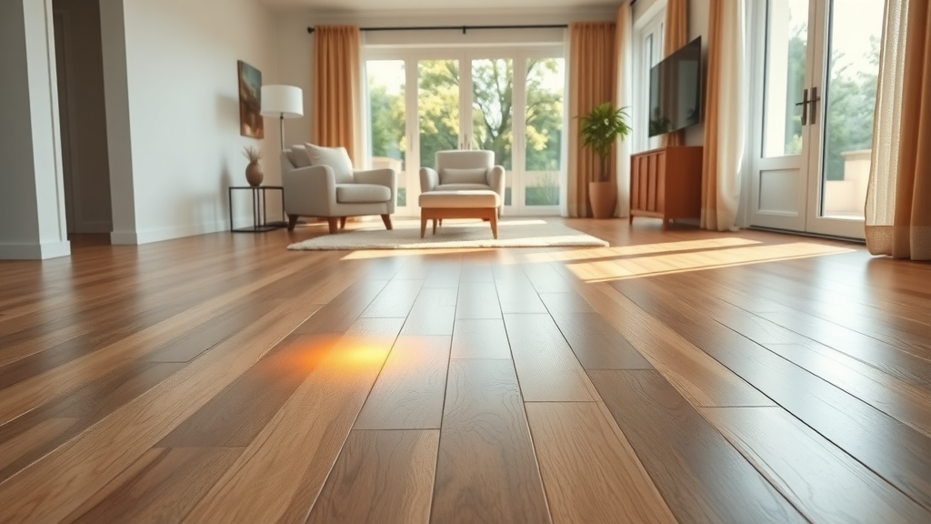 Modern home interior showing underfloor heating with warm hardwood floors