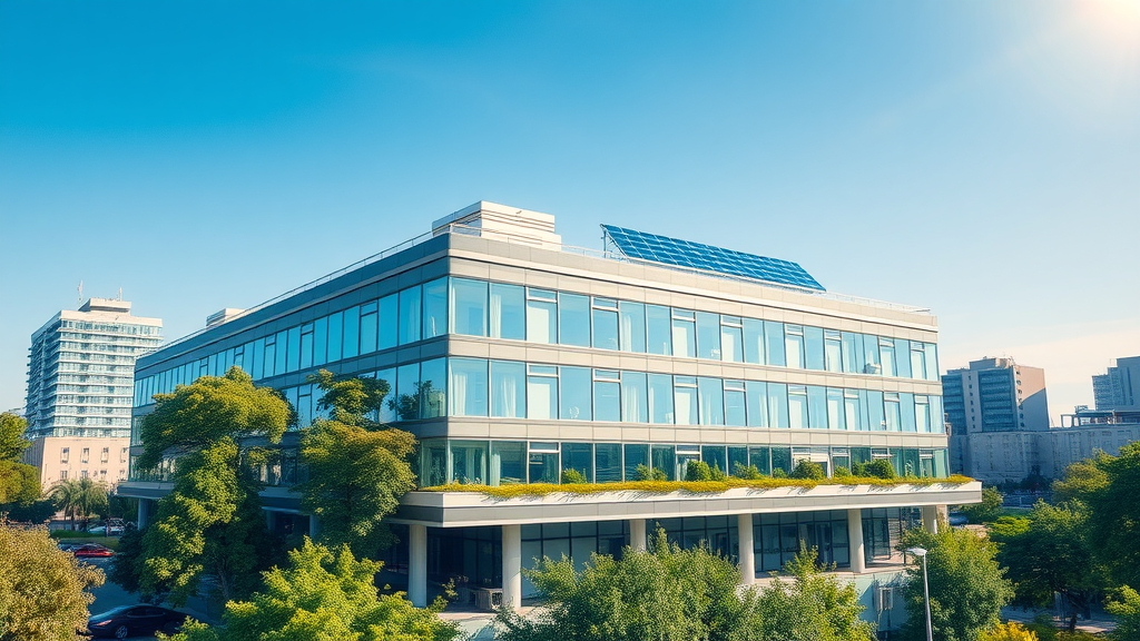 Modern energy-efficient commercial building exterior with rooftop HVAC units and solar panels in vibrant cityscape, sustainable HVAC innovations