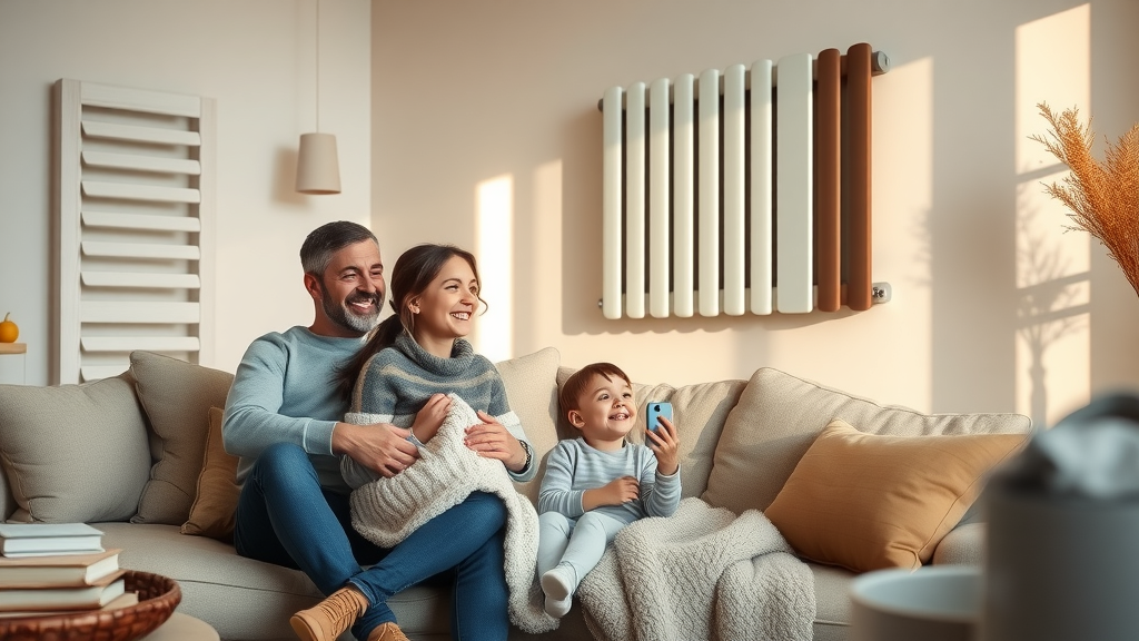 modern living room with stylish radiator installation, cozy family admiring new radiators, warm sunlight